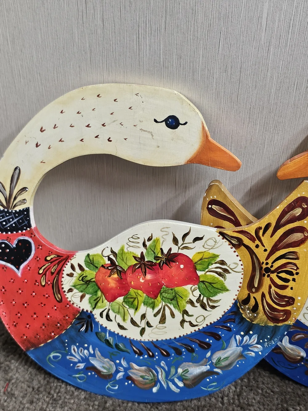 Vintage Hand Painted Wood Ducks Set 2 Folk Art Wall Decor Cottagecore